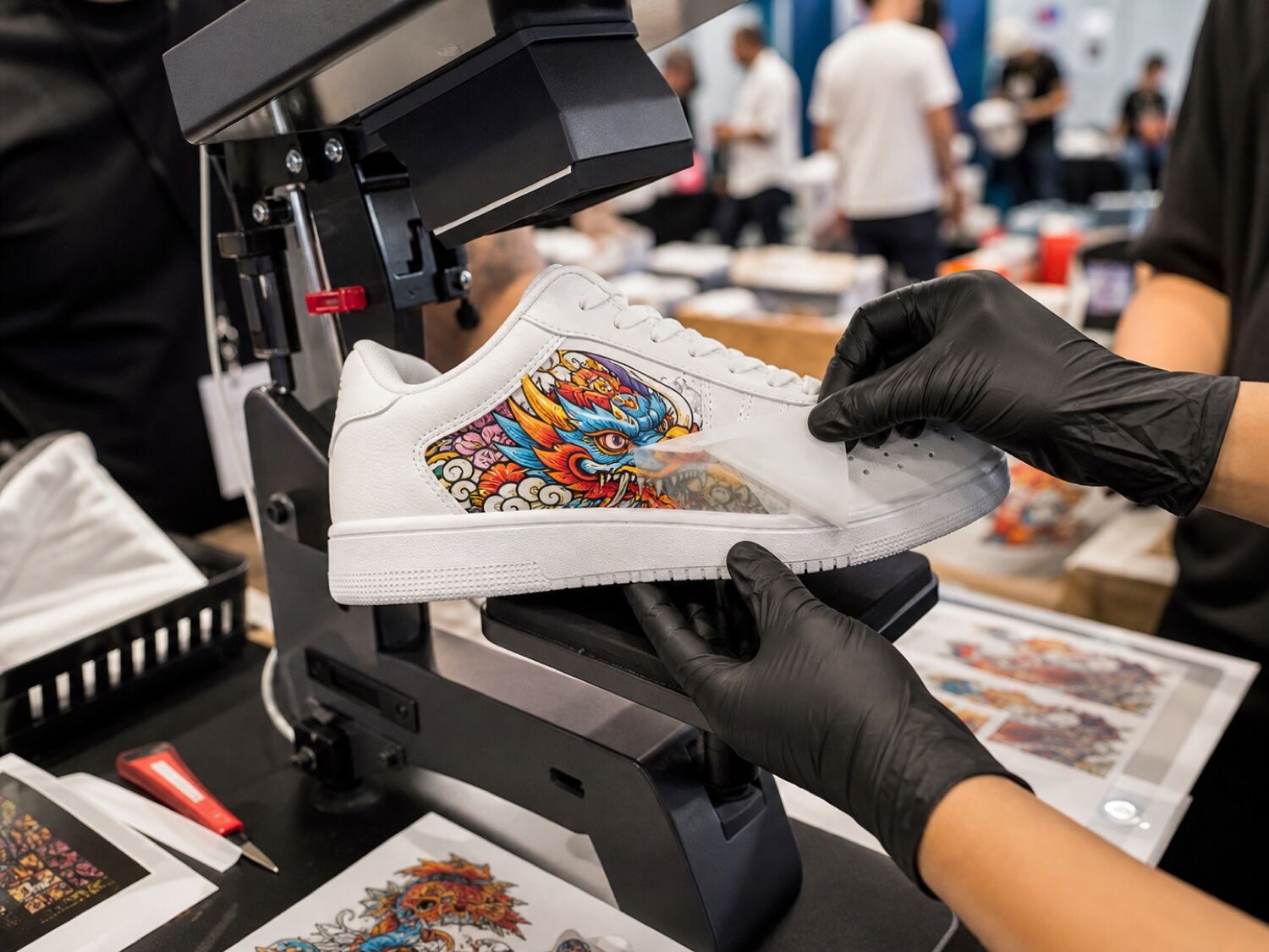 Applying a DTF graphic to a sneaker at a customization event